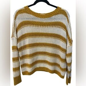 Esprit Mustard Yellow & White Striped Open Knit Sweater Size Medium